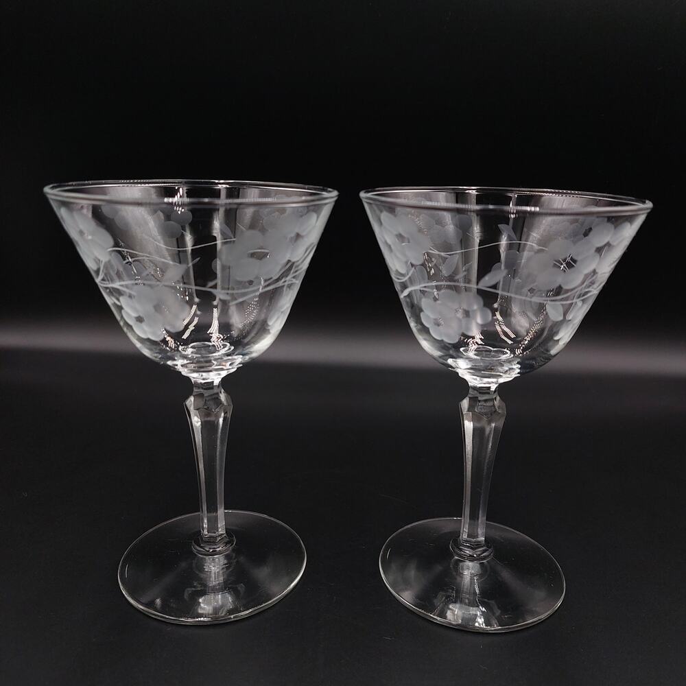 Libbey Glass Stemmed Cocktail Tall Champagne Sherbet Glasses Set-2 Floral Etched